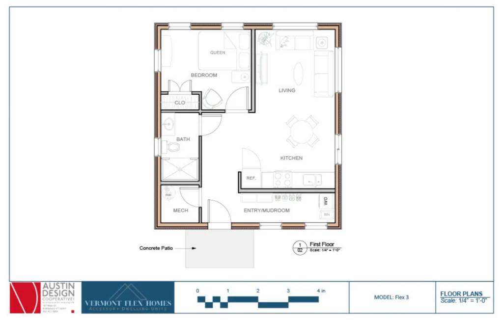 Floorplan for one story Flex 3 ADU Unit